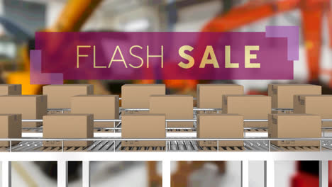 Animation-of-flash-sale-text-over-cardboard-boxes-on-conveyor-belts-in-warehouse