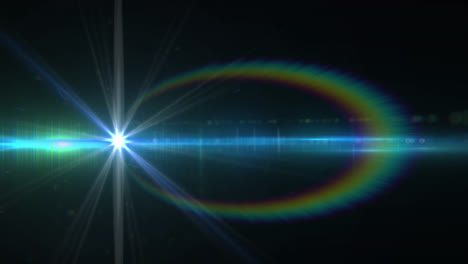 Animation-of-moving-white-light-and-lens-flare-rainbow,-on-black-background