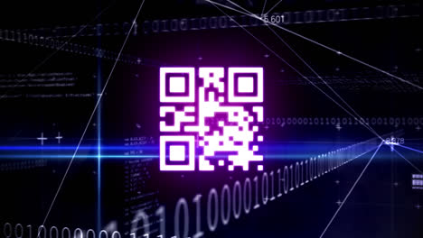 Digital-animation-of-glowing-qr-code-against-binary-coding-data-processing-on-black-background