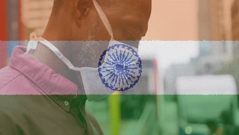 Composición-De-Un-Hombre-Con-Mascarilla-Sobre-La-Bandera-India