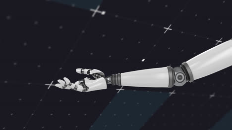 Animation-of-robot's-arm-over-white-markers-and-grid-on-black-background