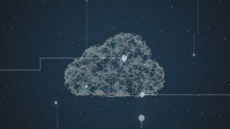 Cloud-icon-of-network-of-connections-against-light-trails-against-blue-background