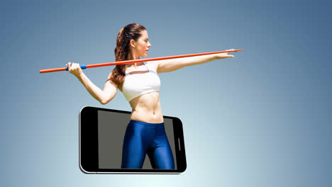 Animation-of-female-athlete-throwing-javelin-over-smartphone-on-blue-background