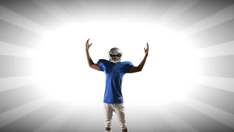Animation-of-american-football-player-in-helmet-with-arms-in-the-air-on-white-striped-background