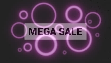 Animation-of-mega-sale-text-over-glowing,-purple-circles-on-black