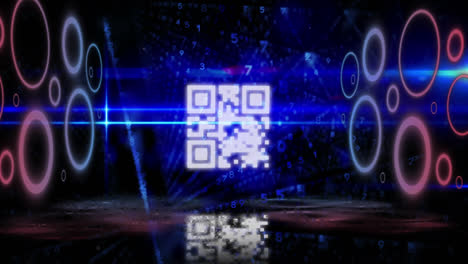 Digital-animation-of-qr-code-and-glowing-circles-over-rows-of-changing-numbers-on-blue-background