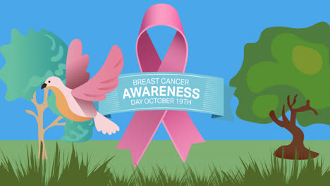 Animation-of-pink-ribbon-logo-and-breast-cancer-text-over-trees-and-bird
