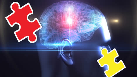 Animation-of-green,-red-and-yellow-puzzle-pieces-falling-over-human-brain-glowing