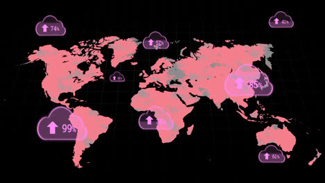 Múltiples-Iconos-De-Nube-Con-Porcentaje-Creciente-Contra-El-Mapa-Mundial-Sobre-Fondo-Negro.