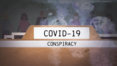 Covid-19-Verschwörungstextbanner-Und-Raucheffekt-Gegen-Menschen,-Die-Soziale-Distanz-Wahren