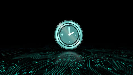 Animation-of-clock-with-moving-hands-over-computer-circuitboard-on-black-background