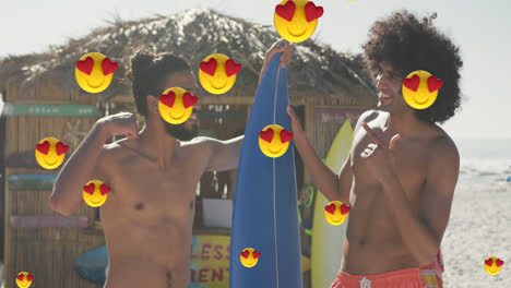 Animation-Von-Digitalen-Symbolen-Mit-Roten-Herz-Liebes-Emojis-über-Männern-Mit-Surfbrett-Am-Strand