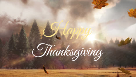 Happy-thanksgiving-text-over-multiple-maple-leaves-falling-against-forest-in-background