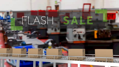 Animation-of-flash-sale-text-over-cardboard-boxes-on-conveyor-belt-in-warehouse