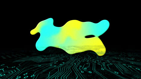 Animation-of-blue-and-yellow-blob-over-computer-circuitboard-on-black-background