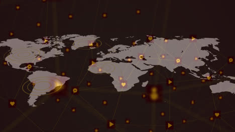 Red-De-Iconos-Digitales-Contra-El-Mapa-Mundial-Sobre-Fondo-Negro