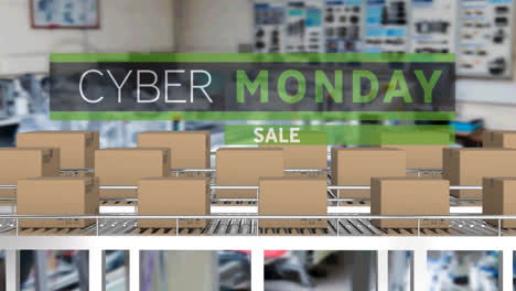 Animation-of-cyber-monday-text-over-cardboard-boxes-on-conveyor-belts
