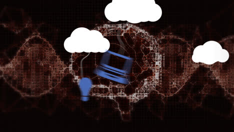 Animation-of-white-clouds-with-hanging-blue-media-icons-over-brain-on-black-background