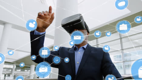 Animation-of-networks-of-connections-and-businessman-wearing-phone-vr-headset