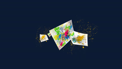Animation-of-multi-coloured-paint-splashes-over-map-over-blue-background