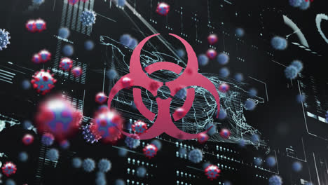 Biohazard-symbol-and-multiple-covid-19-cells-floating-over-digital-interface-with-data-processing