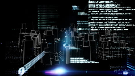 Animation-of-data-processing-over-3d-drawing-of-city-on-black-background