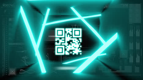 Digital-animation-of-neon-green-qr-code-and-lines-over-digital-interface-with-data-processing
