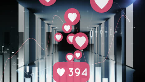 Animation-Der-Verarbeitung-Finanzieller-Daten-Und-Herzsymbole-Für-Soziale-Medien-über-Servern