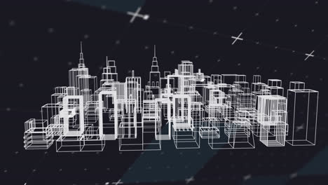 Digitale-Animation-Eines-3D-Stadtmodells,-Das-Sich-Vor-Weißen-Partikeln-Auf-Schwarzem-Hintergrund-Dreht