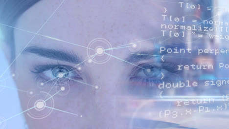 Animation-of-network-of-connections-and-data-processing-over-woman's-face