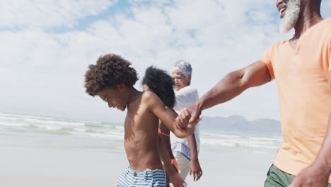 Mixed-race-senior-couple-with-grandchildren-walking-and-holding-hands-at-the-beach