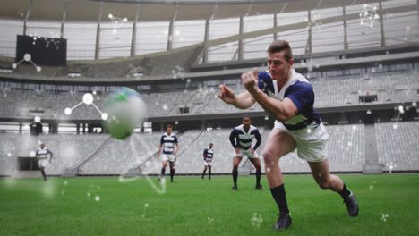 Animation-Chemischer-Strukturen-über-Männlichen-Rugbyspielern-Im-Stadion