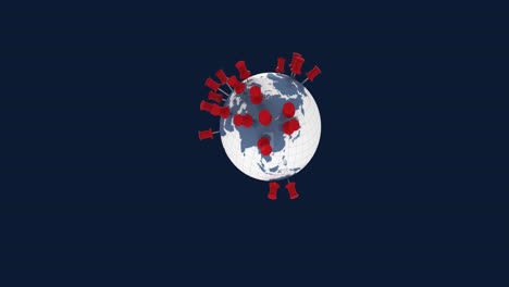 Animation-of-red-location-pins-on-globe-over-blue-background