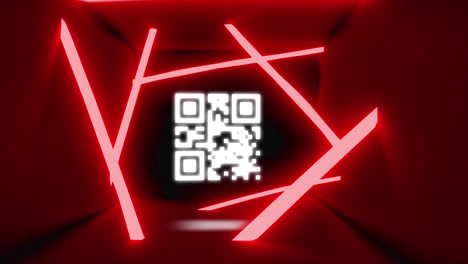 Digitale-Animation-Eines-Leuchtenden-QR-Codes-Vor-Einem-Leuchtenden-Neonroten-Tunnel-Auf-Schwarzem-Hintergrund