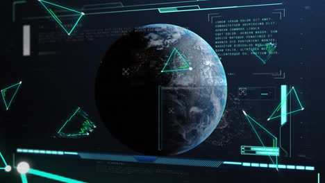 Animation-Der-Datenverarbeitung-Und-Flimmernder-Dreiecke-über-Dem-Globus-Auf-Blauem-Hintergrund