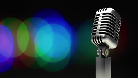 Digital-animation-of-microphone-against-colorful-spots-of-light-on-black-background