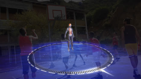 Animation-Des-Sich-Drehenden-Menschlichen-Körpers-Und-Des-Scannens-Von-Zielfernrohren-Während-Eines-Basketballspiels
