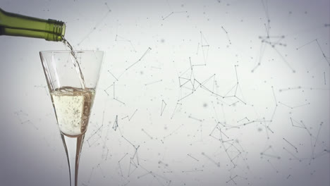 Animation-of-network-of-connections-over-champagne-glass-on-white-background