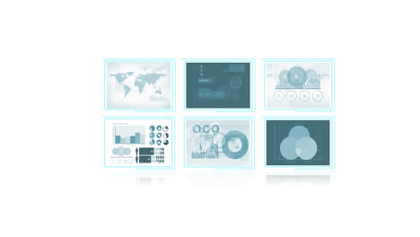 Animation-of-of-world-map-and-statistics-on-set-of-six-screens-on-white-background