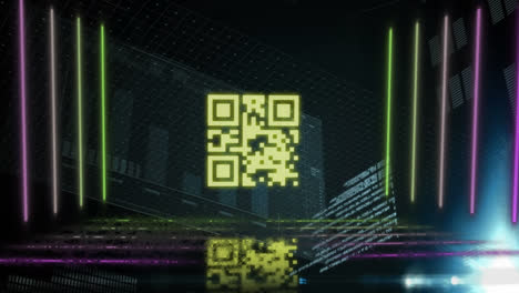 Digitale-Animation-Eines-Neongelben-QR-Codes-Und-Leuchtender-Linien-über-Der-Datenverarbeitung-Auf-Blauem-Hintergrund