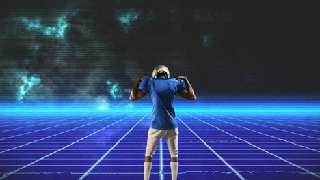 Animation-of-american-football-player-in-helmet-warming-up-before-game-over-glowing-blue-grid