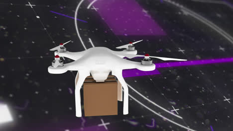 Animation-Einer-Drohne,-Die-Einen-Karton-über-Ein-Zielfernrohr-Trägt,-Das-Auf-Schwarzem-Hintergrund-Scannt