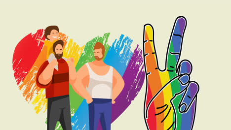 Male-gay-couple-with-kid-over-rainbow-colored-heart-and-hand-peace-sign-on-grey-background