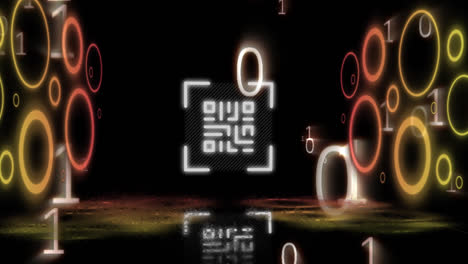 Digital-animation-of-binary-coding-over-glowing-qr-code-and-glowing-circles-on-black-background