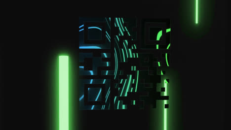 Digital-animation-of-glowing-green-abstract-shapes-and-lines-against-black-background