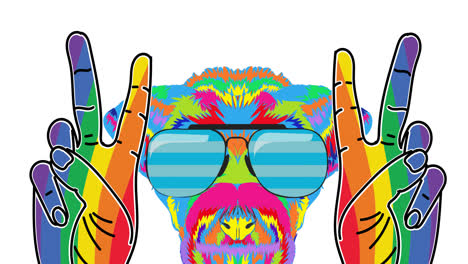 Rainbow-colored-dog-wearing-sunglasses-showing-hand-peace-sign-against-white-background