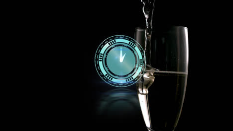 Animation-of-digital-clock-over-champagne-glass-on-black-background
