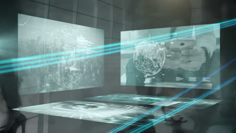 Animation-of-data-processing-on-screens-over-modern-busy-office