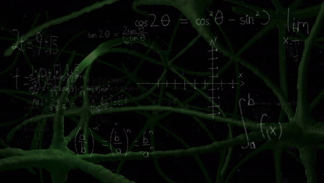 Animation-of-mathematical-equations-over-digital-neurons-on-black-background