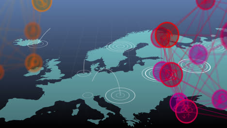 Globus-Aus-Digitalen-Symbolen,-Die-Sich-Vor-Pulsierenden-Kreisen-über-Der-Weltkarte-Auf-Blauem-Hintergrund-Drehen